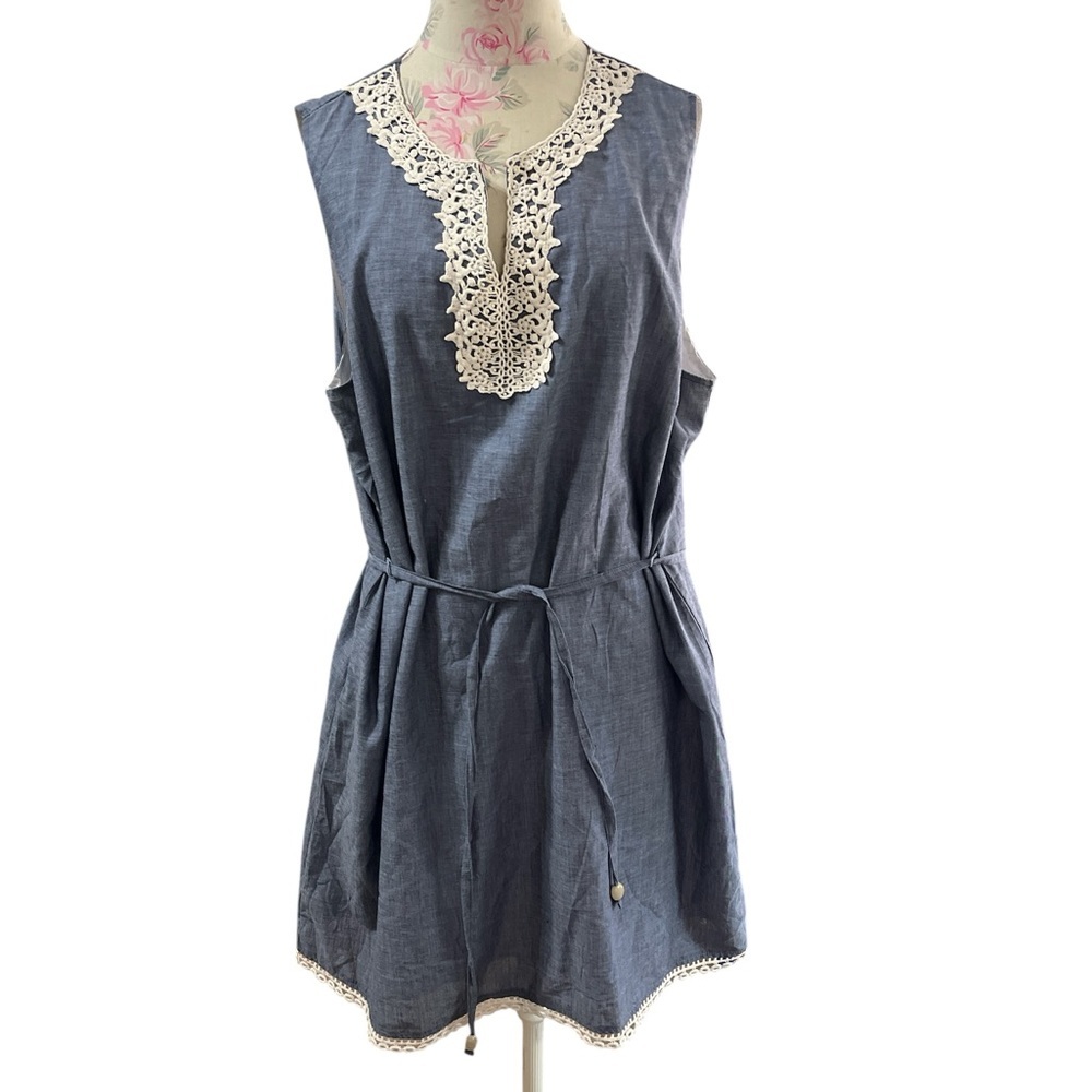 Mud Pie Blue Tunic Dress 💯 Cotton with White Lace Accents
